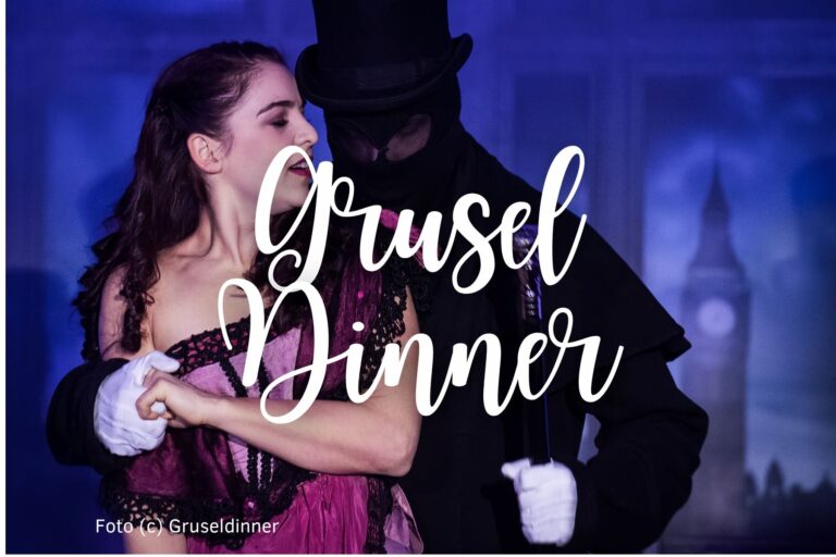 Auf dem Bild ist Jack the Ripper zu sehen, mit seinem nächsten Opfer einer jungen Frau. In der Mitte ist der Schriftzug "Gruseldinner".