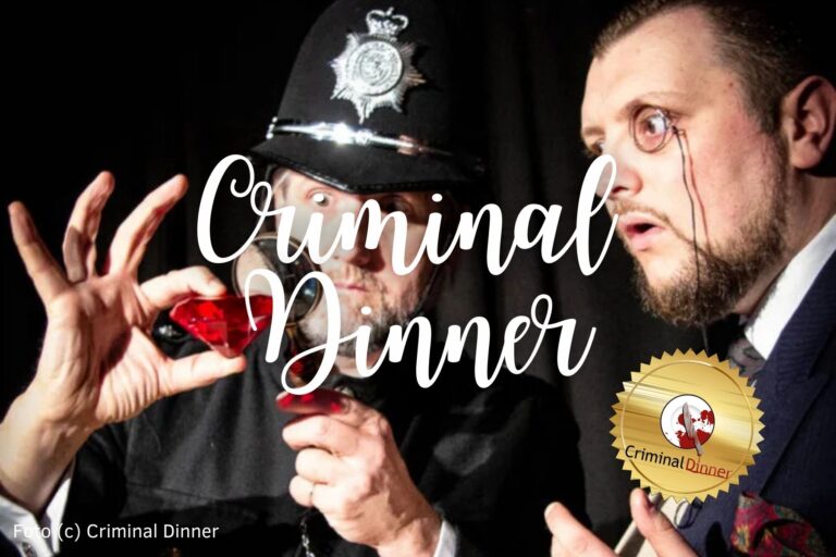 Auf dem Bild sind zwei Männer zu sehen, die einen roten Diamanten betrachten. In der Mitte ist der Schriftzug "Criminal Dinner":